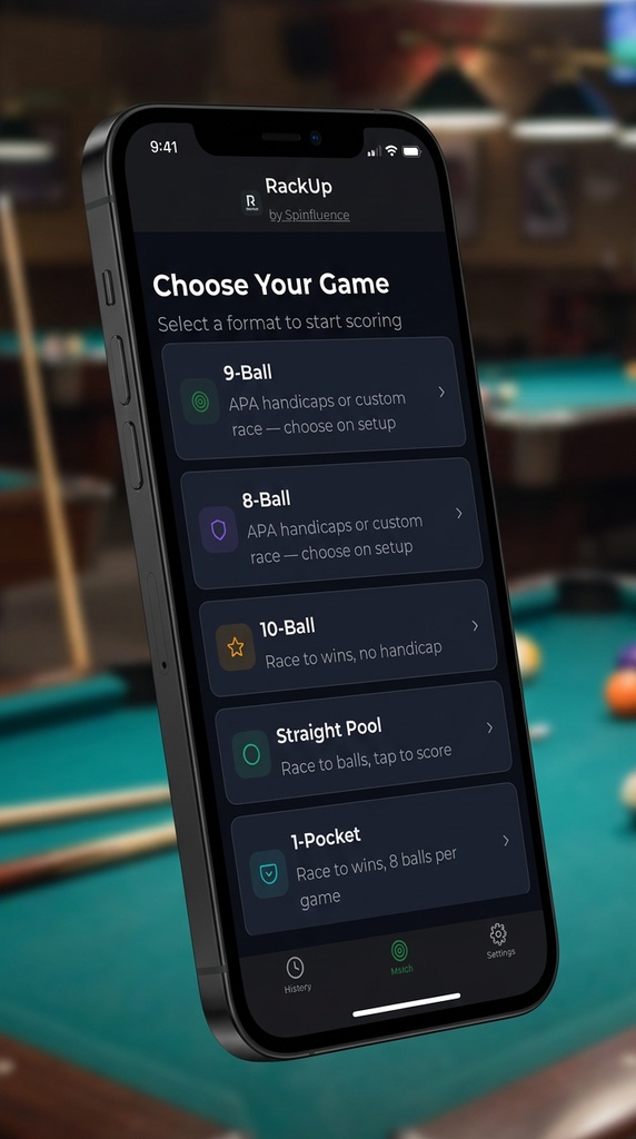 RackUp Choose Your Game screen on iPhone